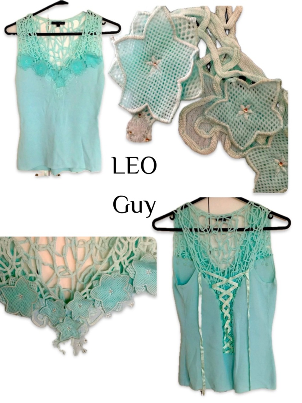 Leo Guy Turquoise Lace Floral Sequin Sleeveless Tank Top Medium NWOT